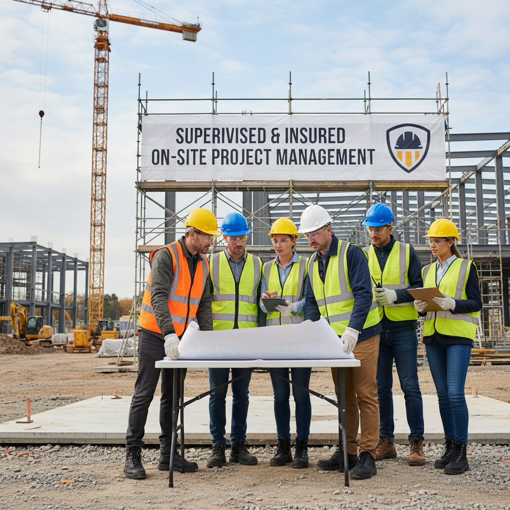 Team mit Sicherheitsausrüstung auf der Baustelle